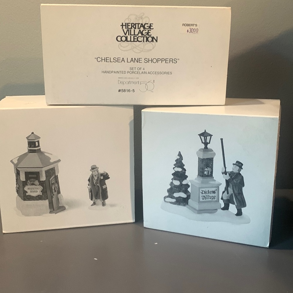 Department 56 Chelsea Ln. shoppers Brixton Road watchman and ye olde lamp later